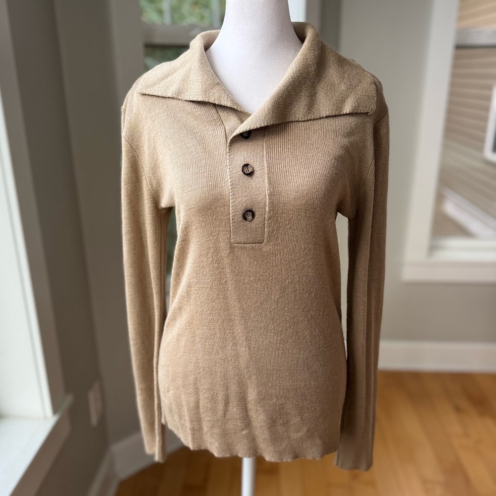 Vintage 70s 80s Damon Camel Tan Collared Slim Fit Henley Sweater Size Medium